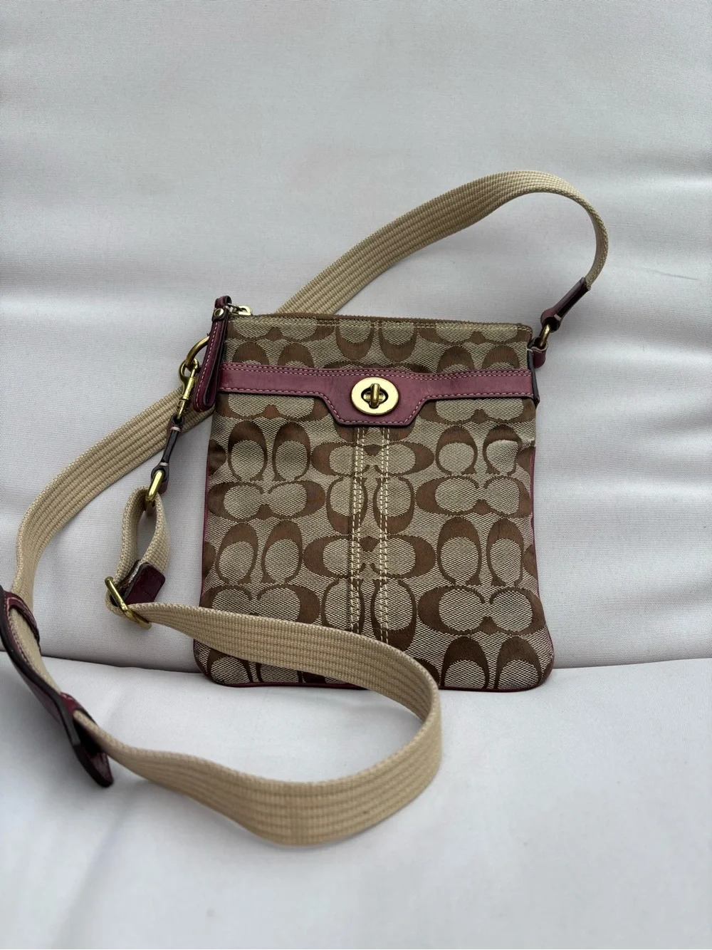 Coach Small Crossbody with Brown Signature Canvas and Pink Trim
